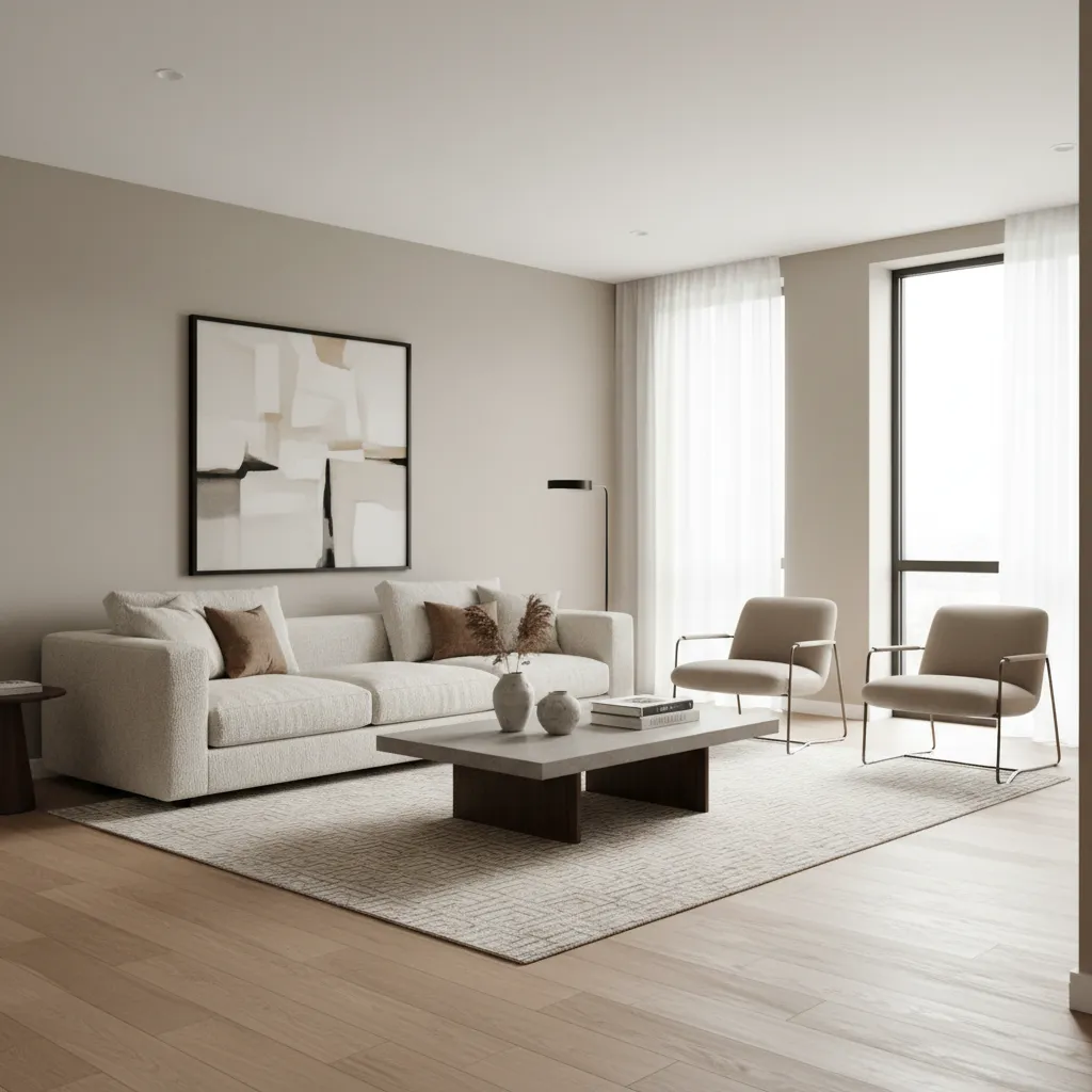 Modern living room with beige walls, white sofa, two chairs, coffee table, and large windows