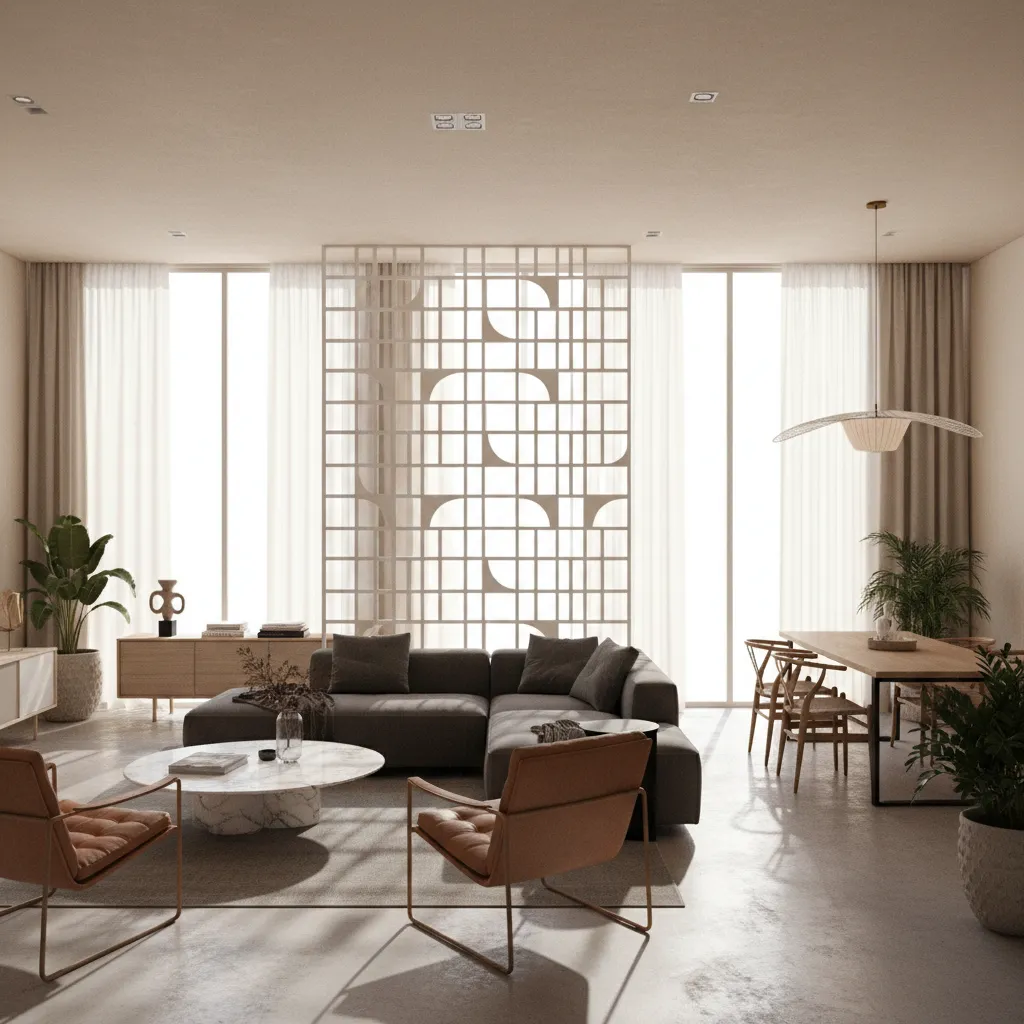 Open plan living room showing light passing through decorative wall cut-out partition
