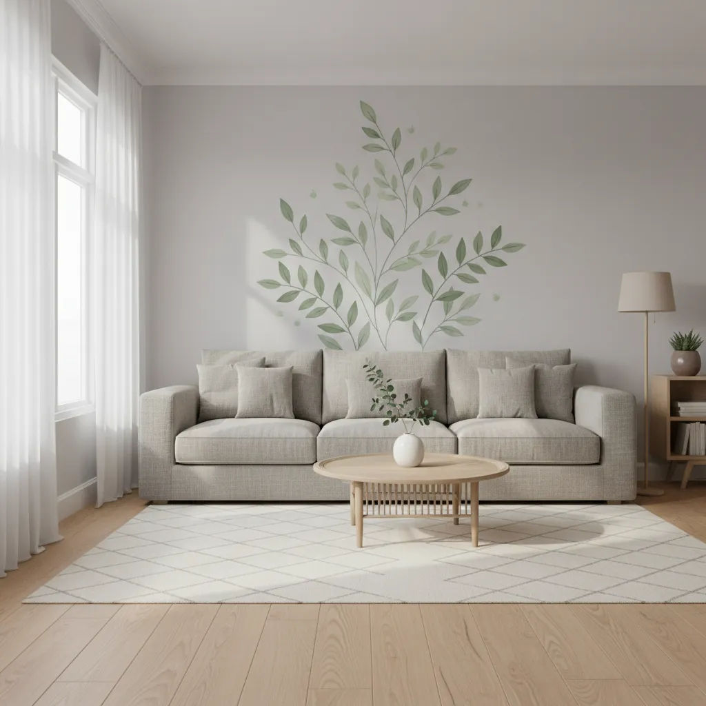 Living room with botanical wall sticker design behind sofa