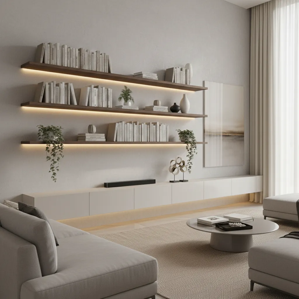 Living room wall with floating shelves styled with books and decor