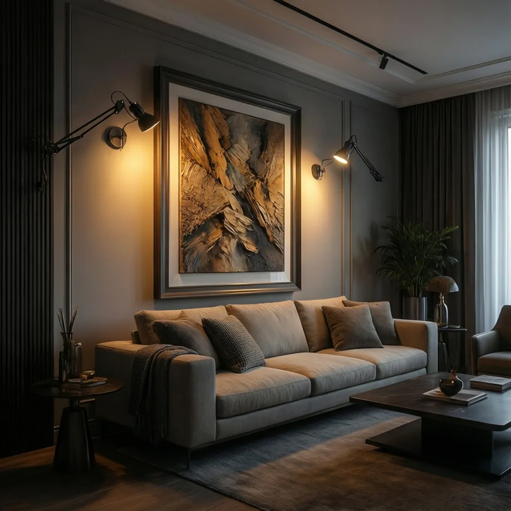 Living room wall with artwork illuminated by wall lights
