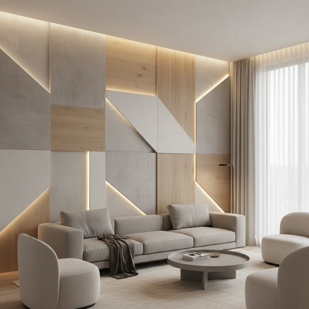 Modern living room wall with integrated LED lighting highlighting textured panels