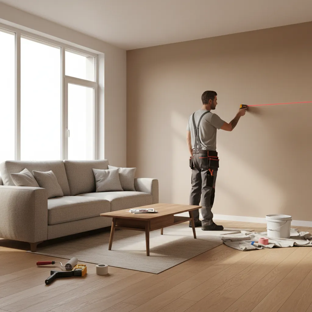 contractor measuring wall dimensions in living room before painting estimate