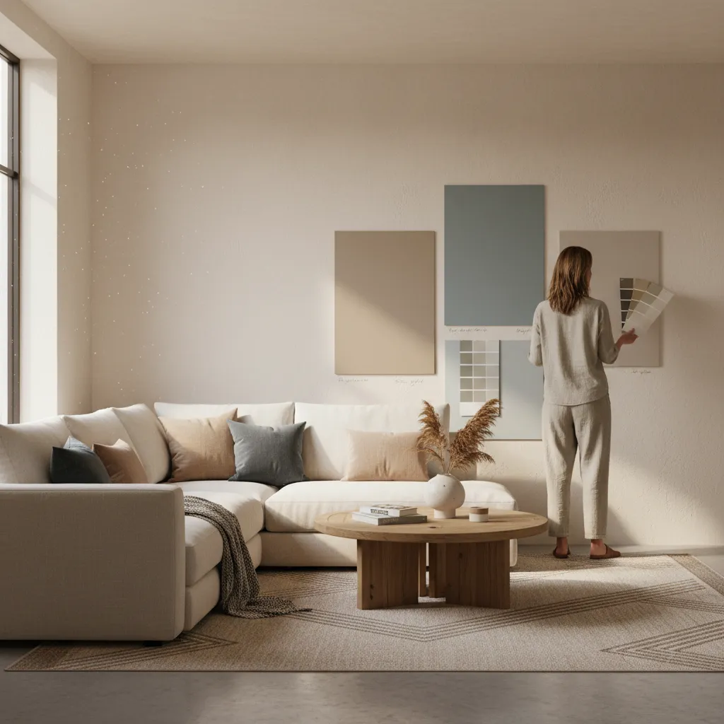 Designer reviewing paint swatches on living room wall