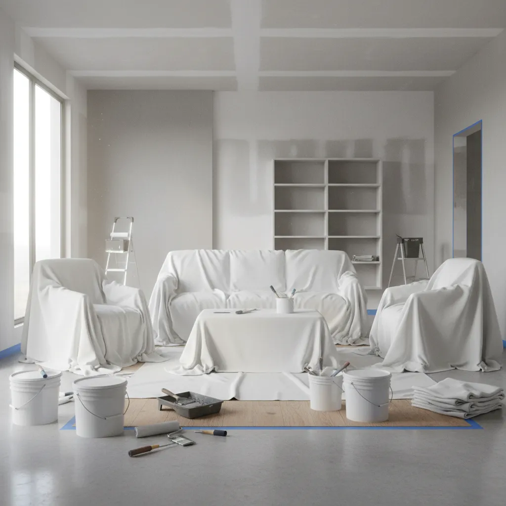 living room with walls prepared for painting and furniture covered