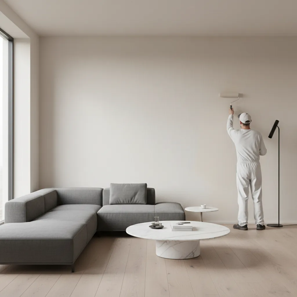 Interior living room wall being painted with roller showing even Dulux paint coverage