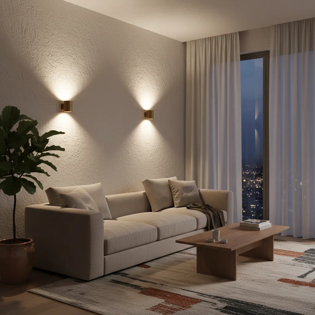 Living room with soft wall sconce lighting creating warm atmosphere