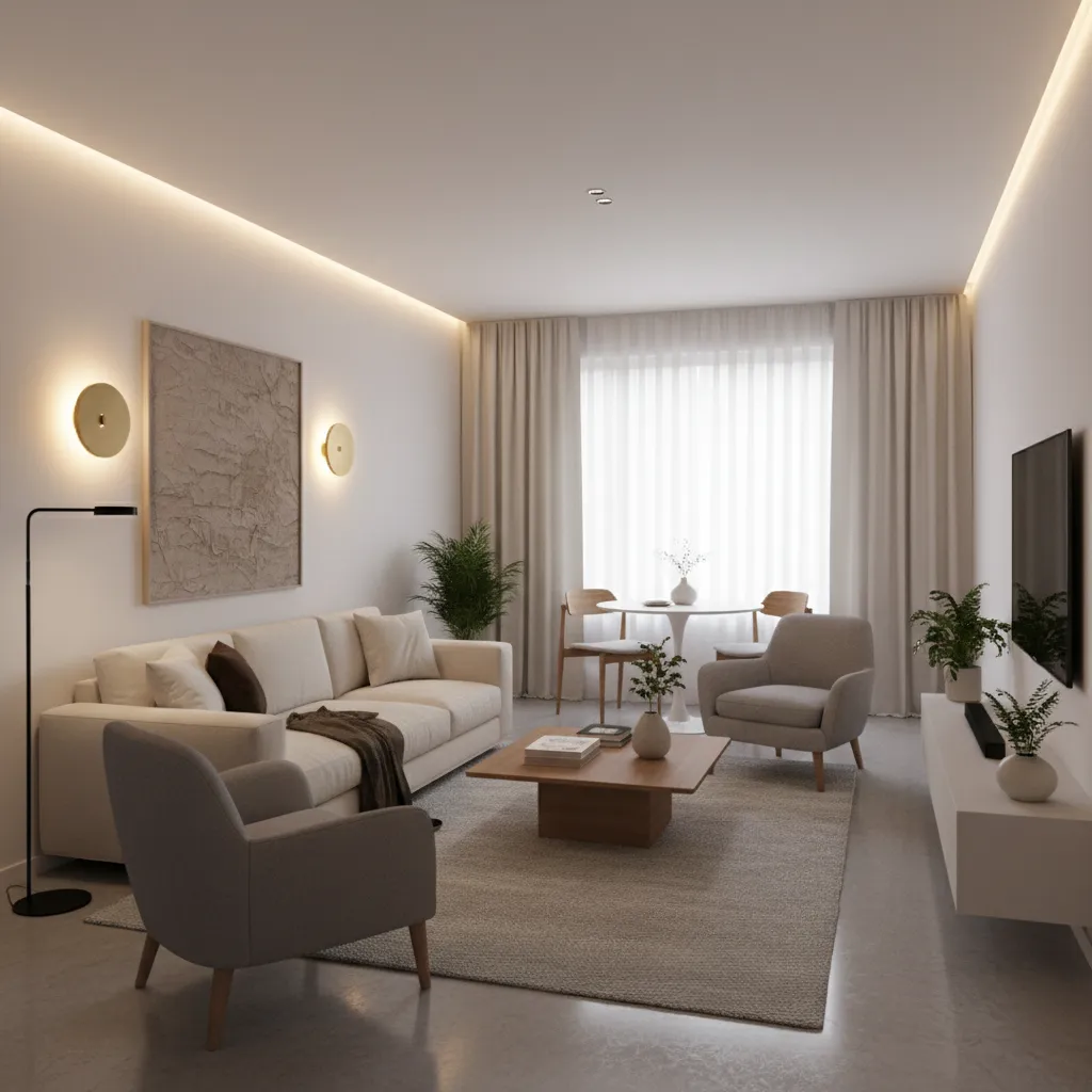 small living room with wall sconces highlighting sofa seating area