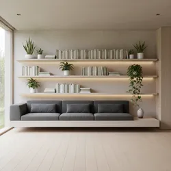 Modern living room interior design drawing with grey sofa wooden wall shelves books and plants