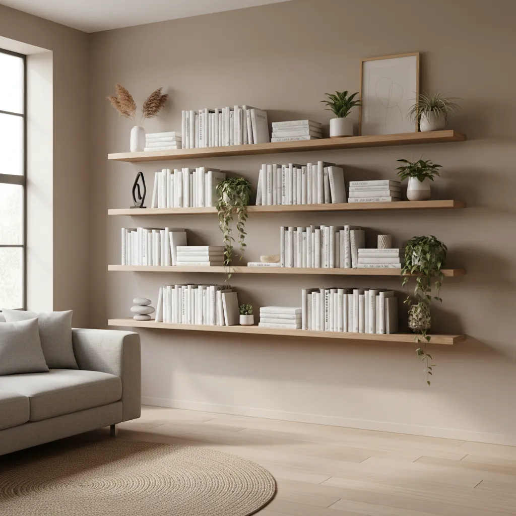 Living room wall with floating shelves displaying books and decorative objects