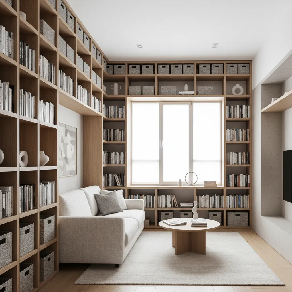 Interior design drawing showing large wooden bookshelves surrounding a window with white sofa and table