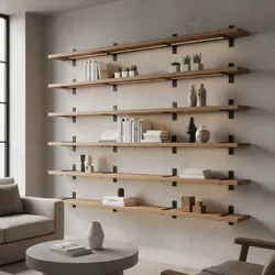 Modern living room with wooden wall shelves holding books and plants near a grey sofa