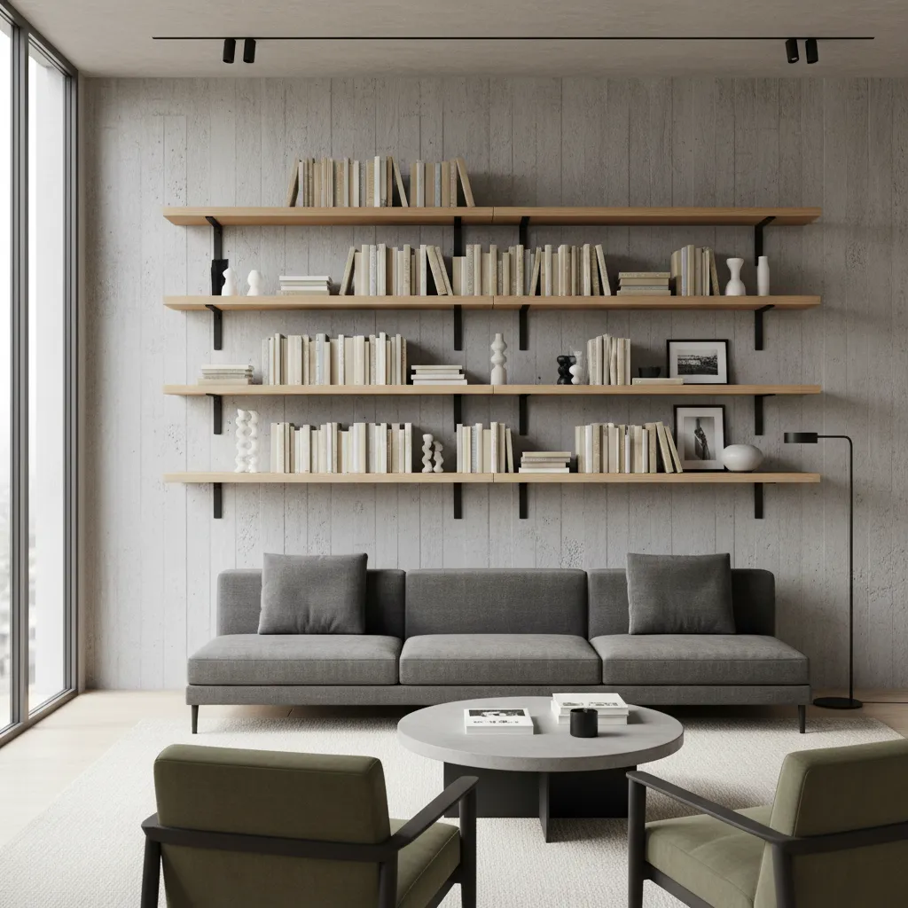 Modern living room with grey sofa wooden wall shelves green chairs round coffee table design