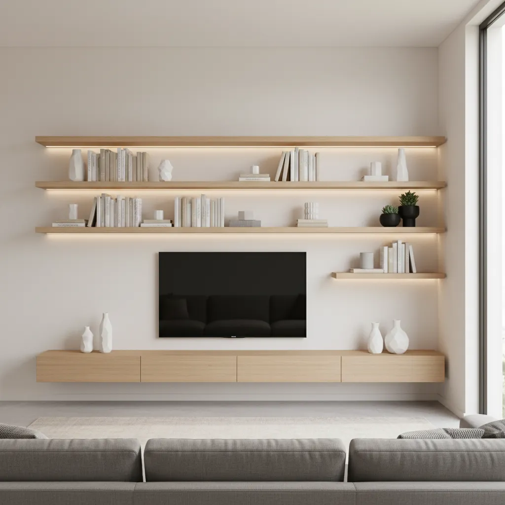 living room wall showcase with decorative shelves and soft lighting
