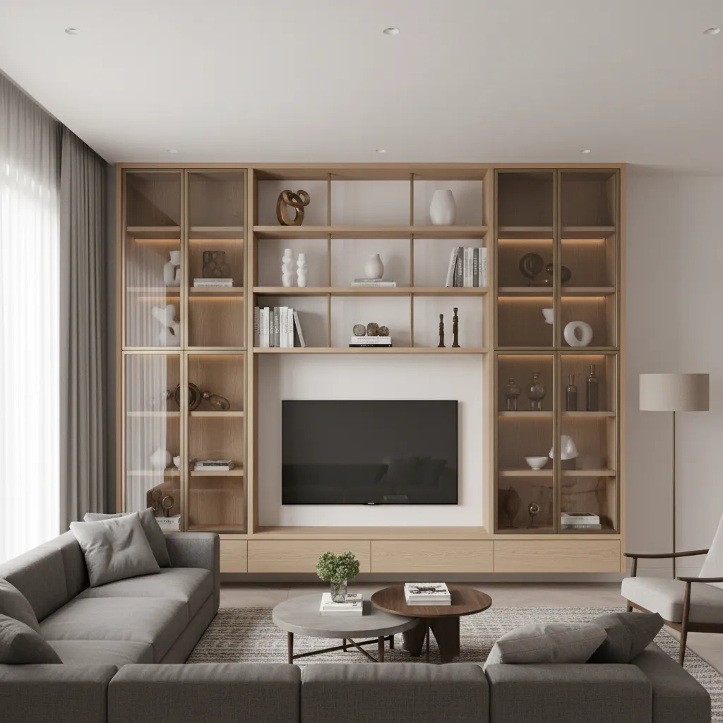 Modern hall wall showcase displaying decor items on mixed material shelves