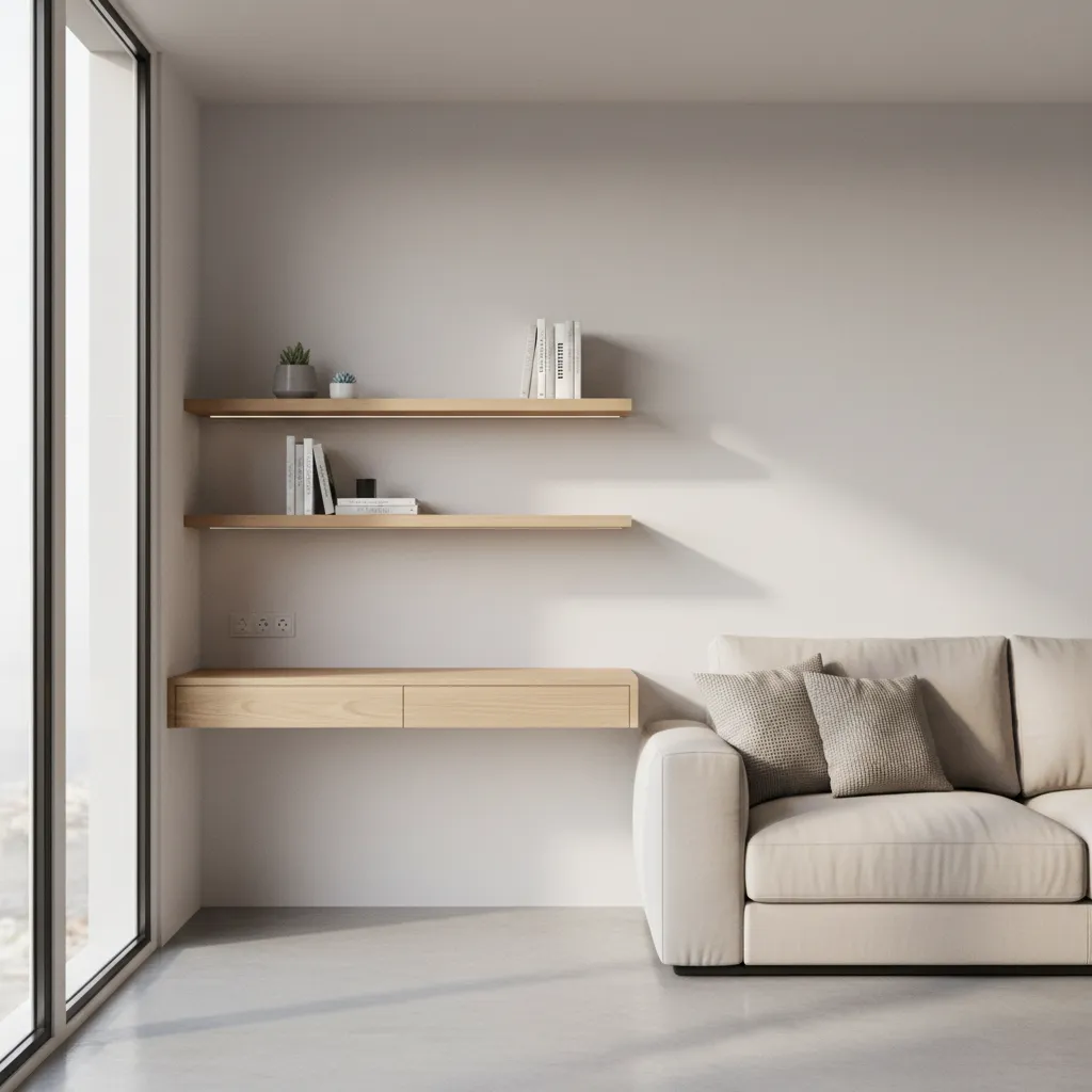 Living room with a wall mounted floating study desk