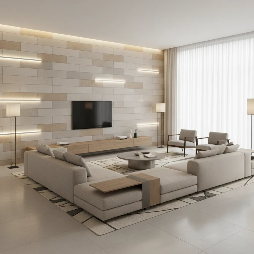 3D visualization of living room wall tile layout