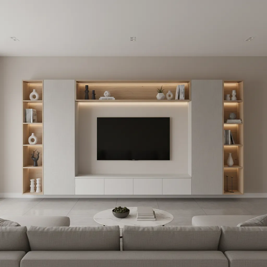 Balanced living room wall unit layout with center TV and shelving
