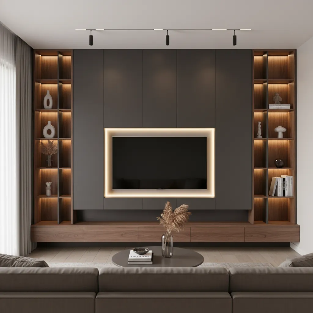 Modern wall unit with integrated LED shelf lighting