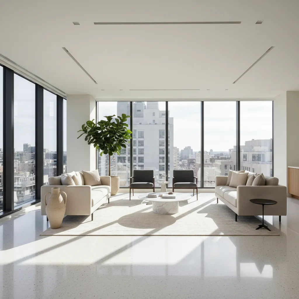Bright open living room with city view large windows two sofas and marble coffee table