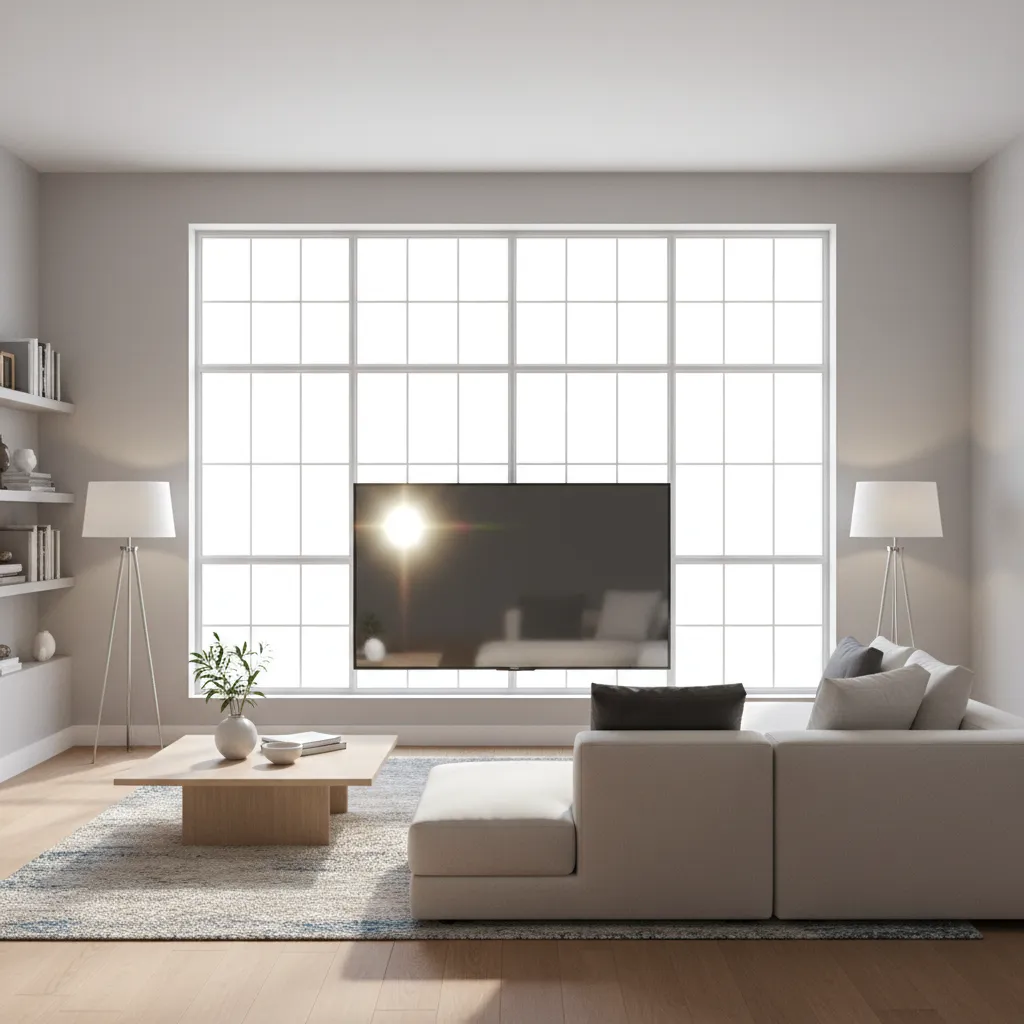 living room TV facing window showing strong screen glare