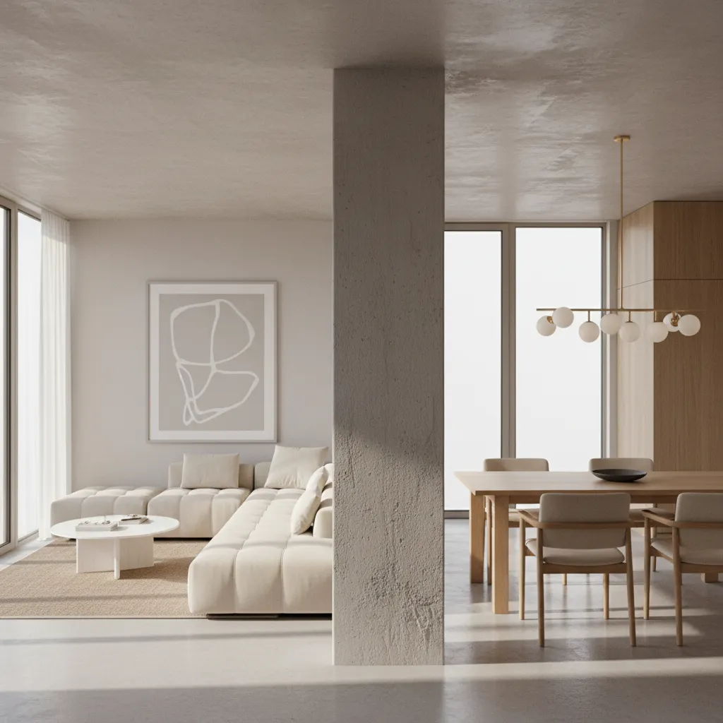 Living room layout with visible structural pillar between seating zones