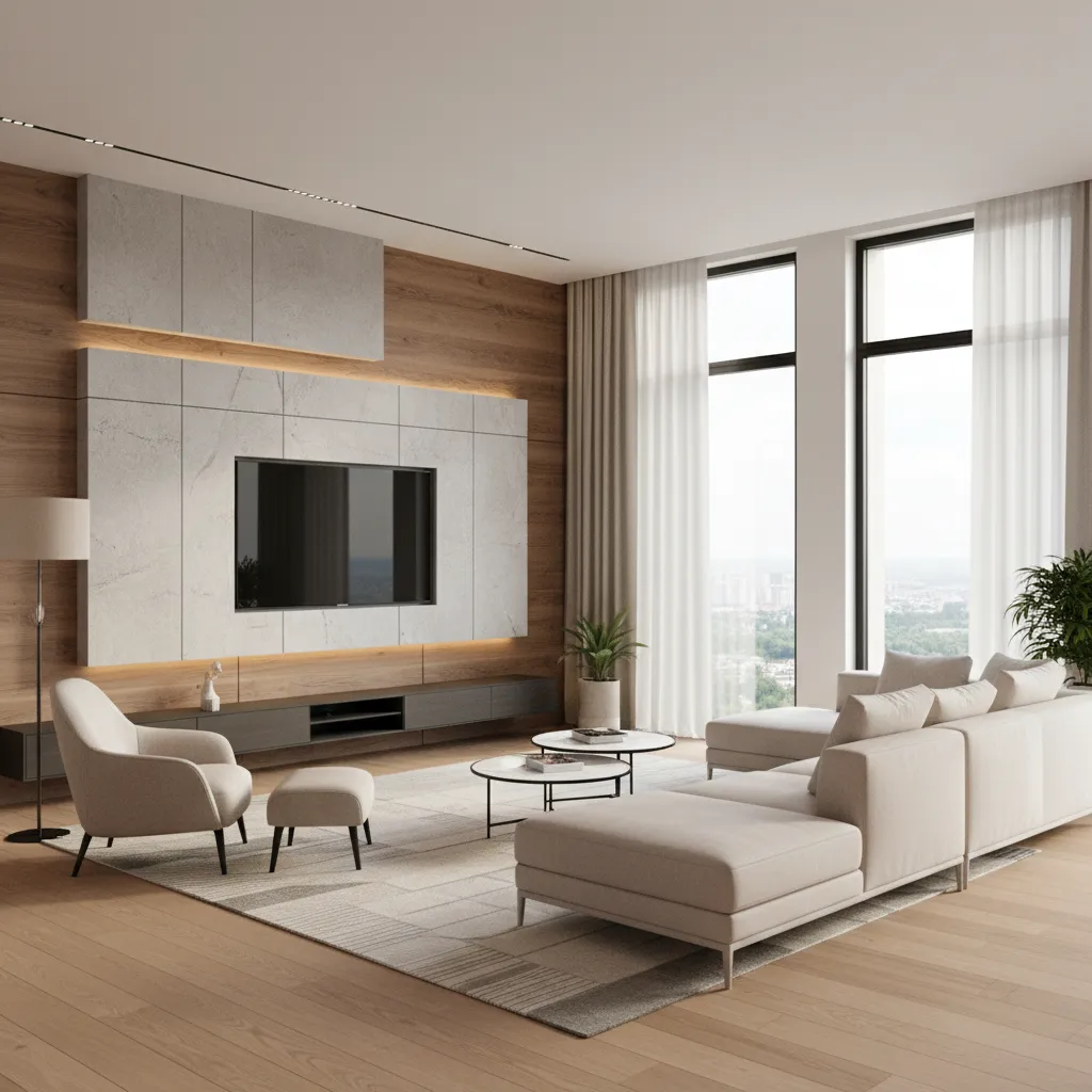 Spacious living room featuring white sofa armchair footrest wood wall panel television and large windows