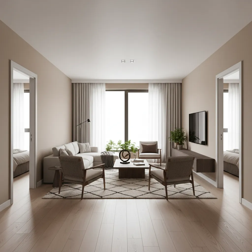 living room with two bedroom doors and central seating layout