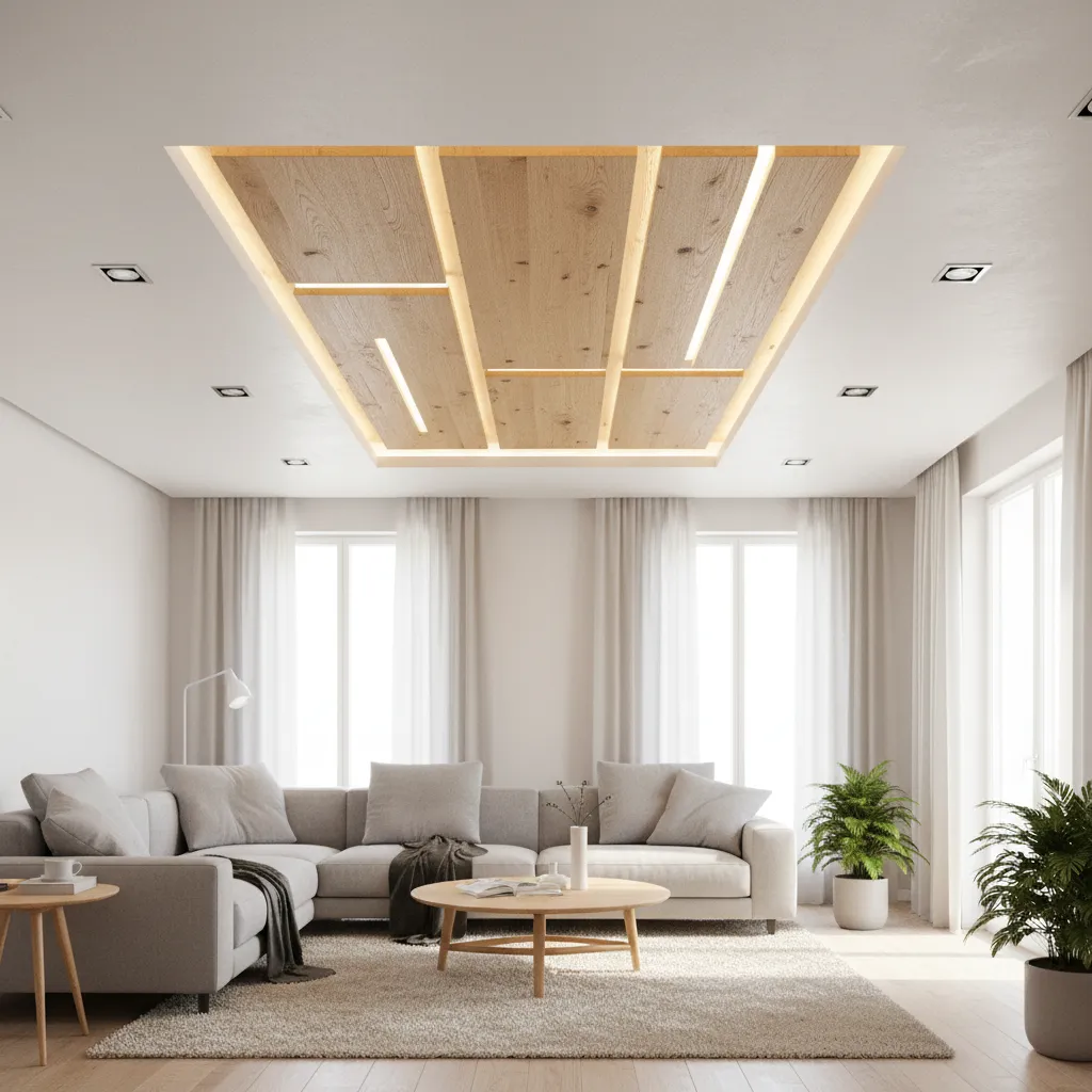 Living room ceiling combining gypsum and wood accent panels
