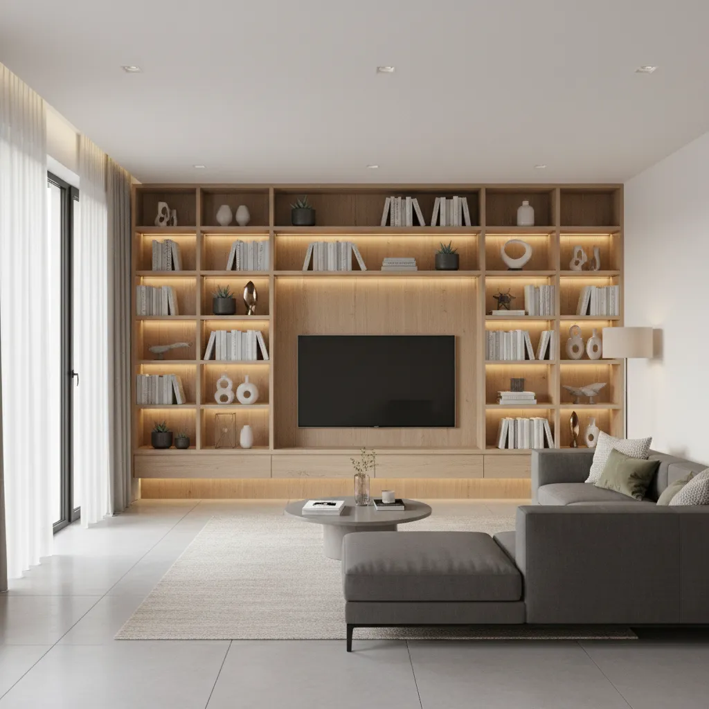 living room wall with modern wooden showcase shelves and decor