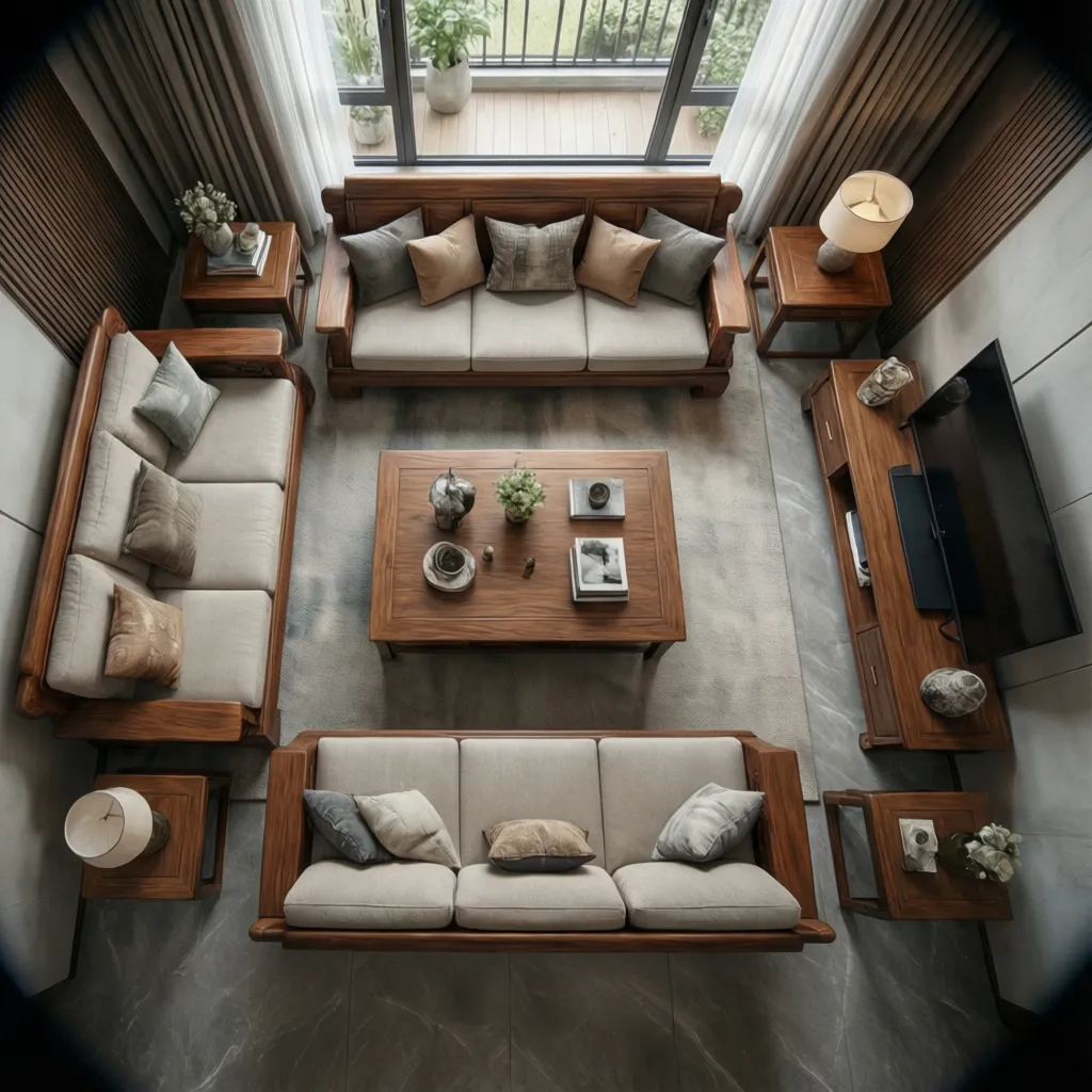 Bố trí bàn ghế gỗ phòng khách theo tỷ lệ hợp lý