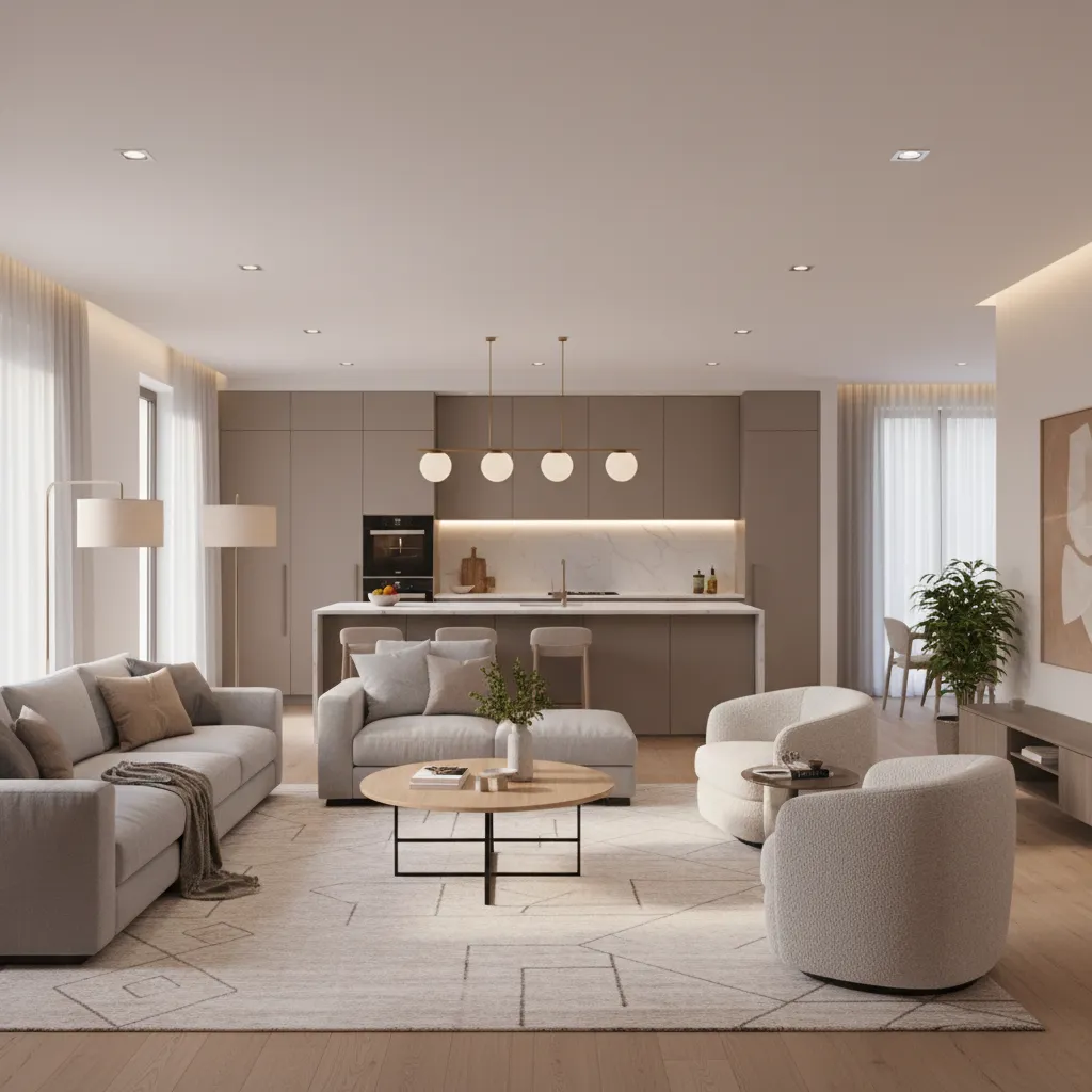 Living room zone defined by rug in open kitchen living space