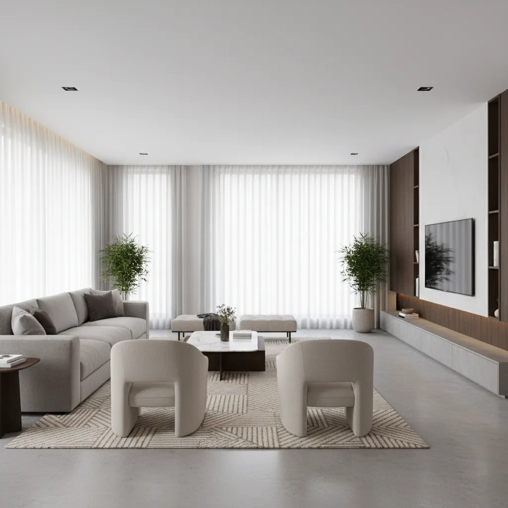 Living room divided into conversation and media zones with furniture placement