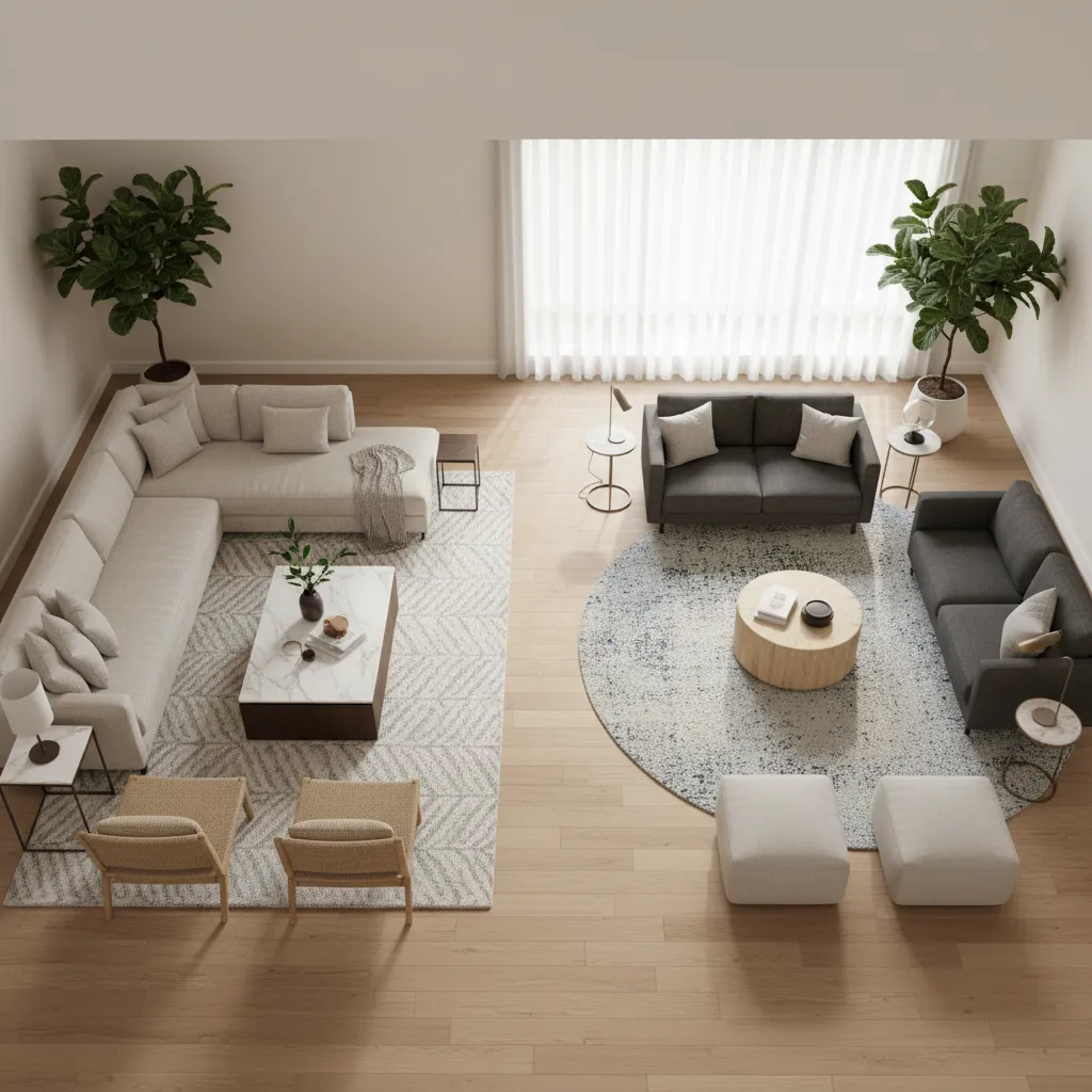 Two rugs defining conversation zones in a square living room