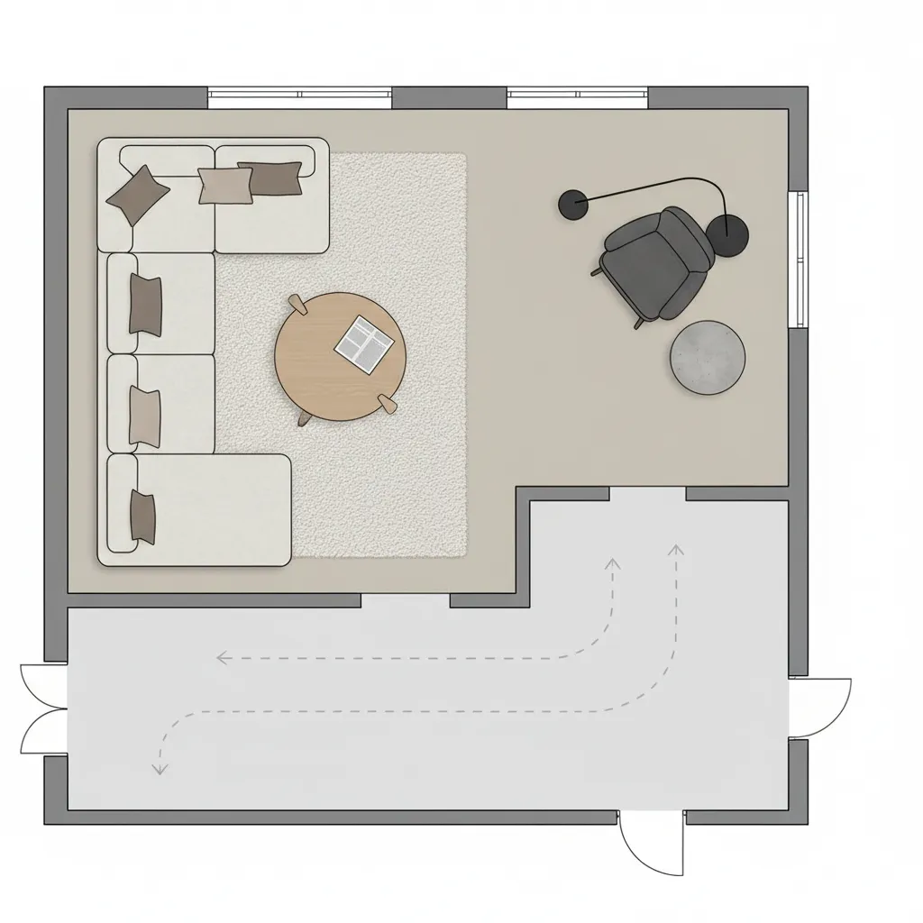 Living room zoning diagram showing seating and circulation areas