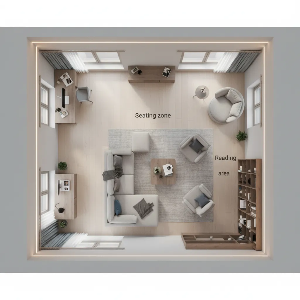 Simple living room floor plan showing different functional zones