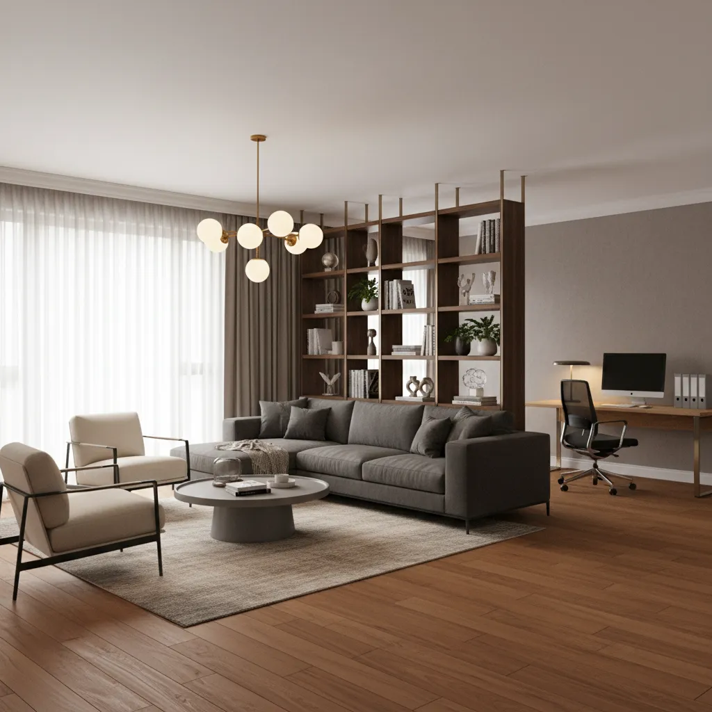 Sofa and shelving used to divide zones in a large square room