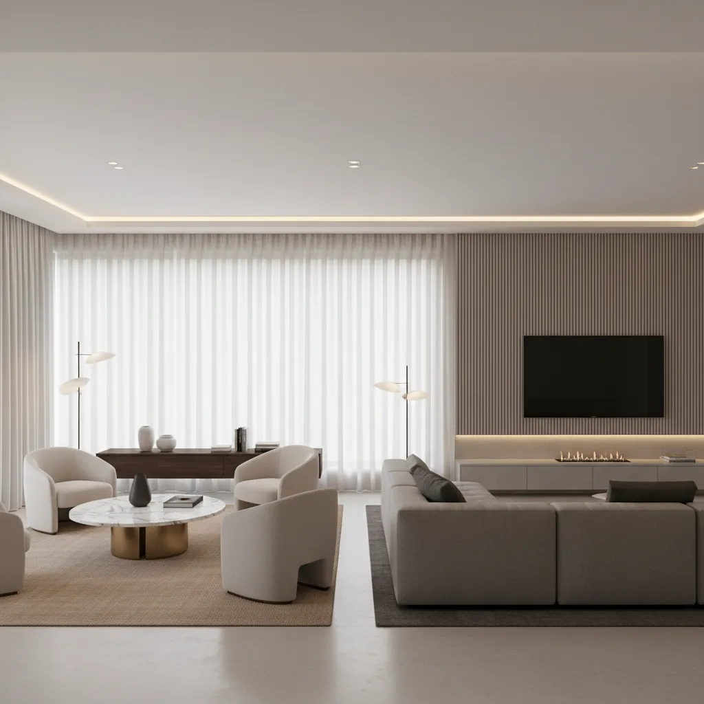 Interior showing two seating arrangements that define separate living room zones