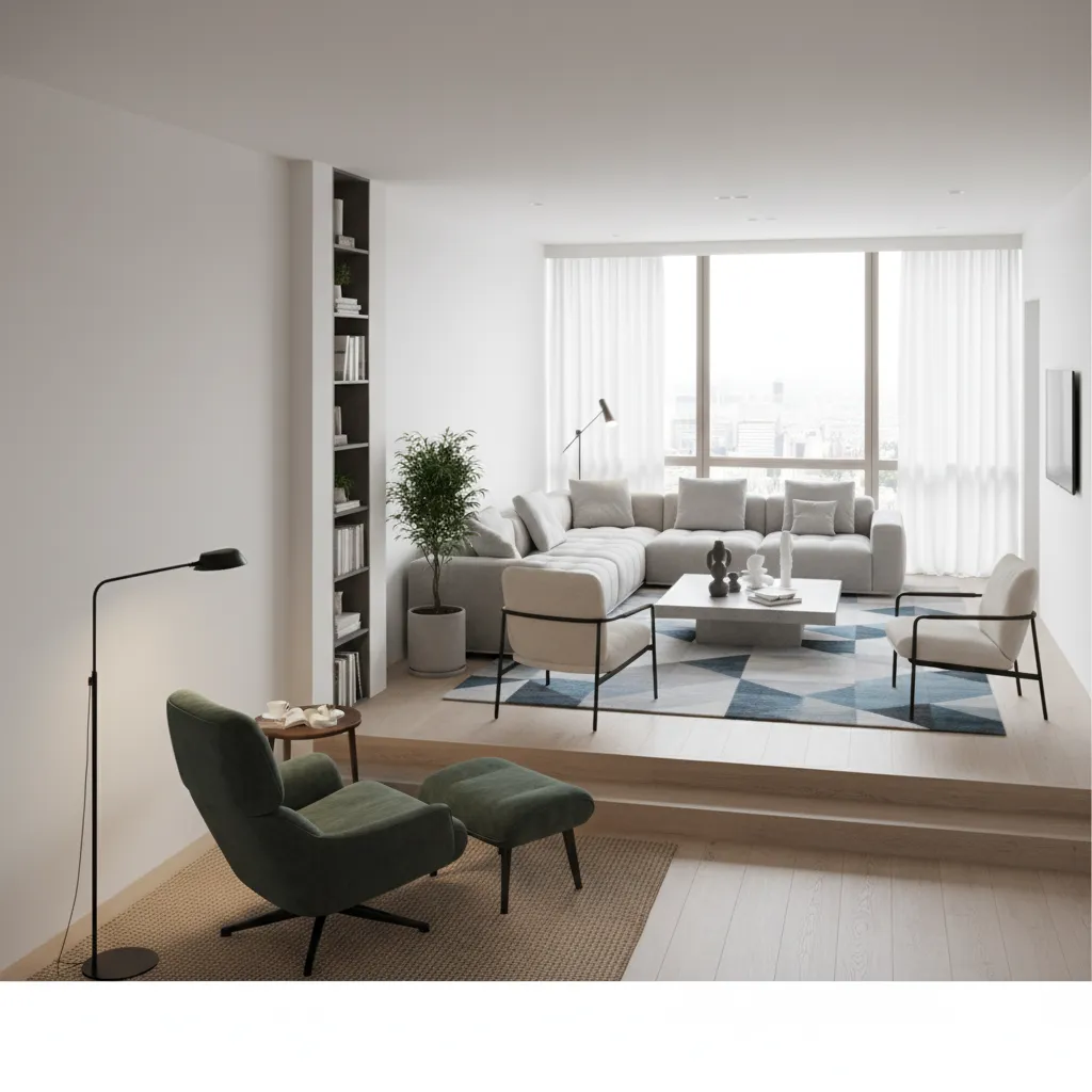 Living room zoning example dividing a long room into seating and reading areas