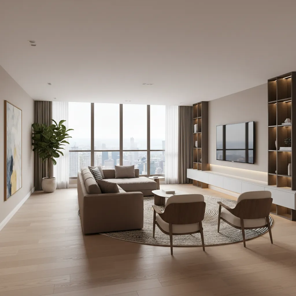 Living room furniture arranged into seating and circulation zones