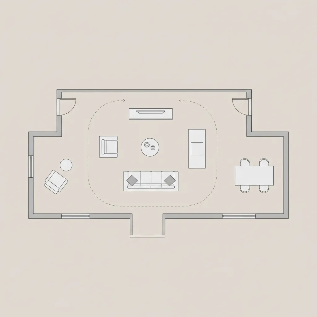 Living room zoning example showing seating area circulation and TV wall placement