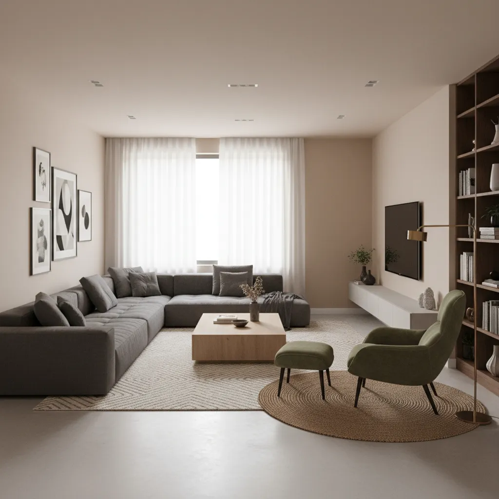 L-shaped living room divided into seating and reading zones