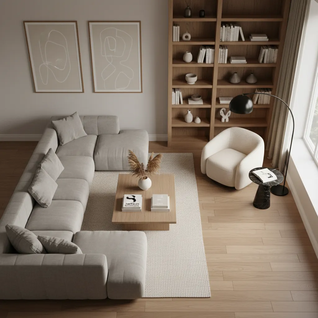 Rectangular living room divided into seating zone and reading corner