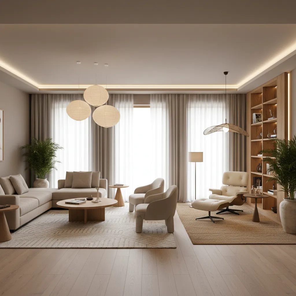 large living room with rugs and lighting defining separate seating areas