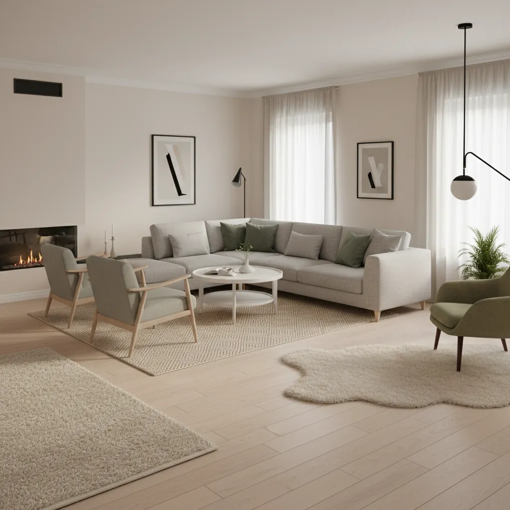 living room layout using rugs and lighting to define zones