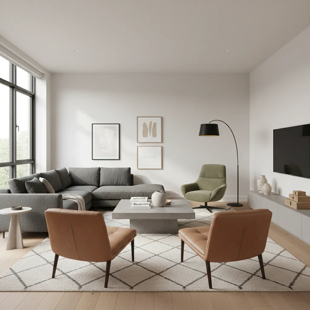 Living room zoning using area rug and reading corner chair