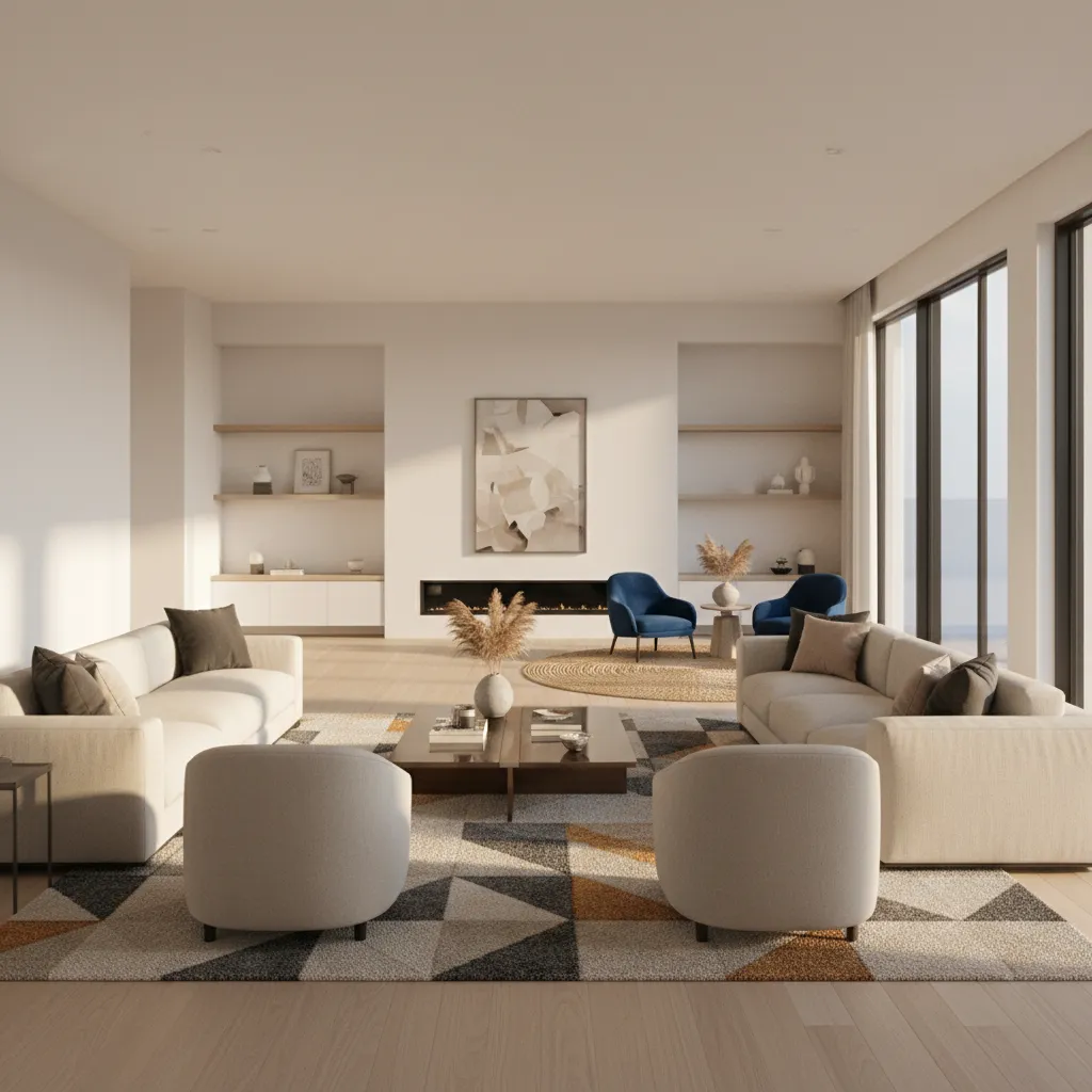Living room zoning created with rugs and furniture arrangement