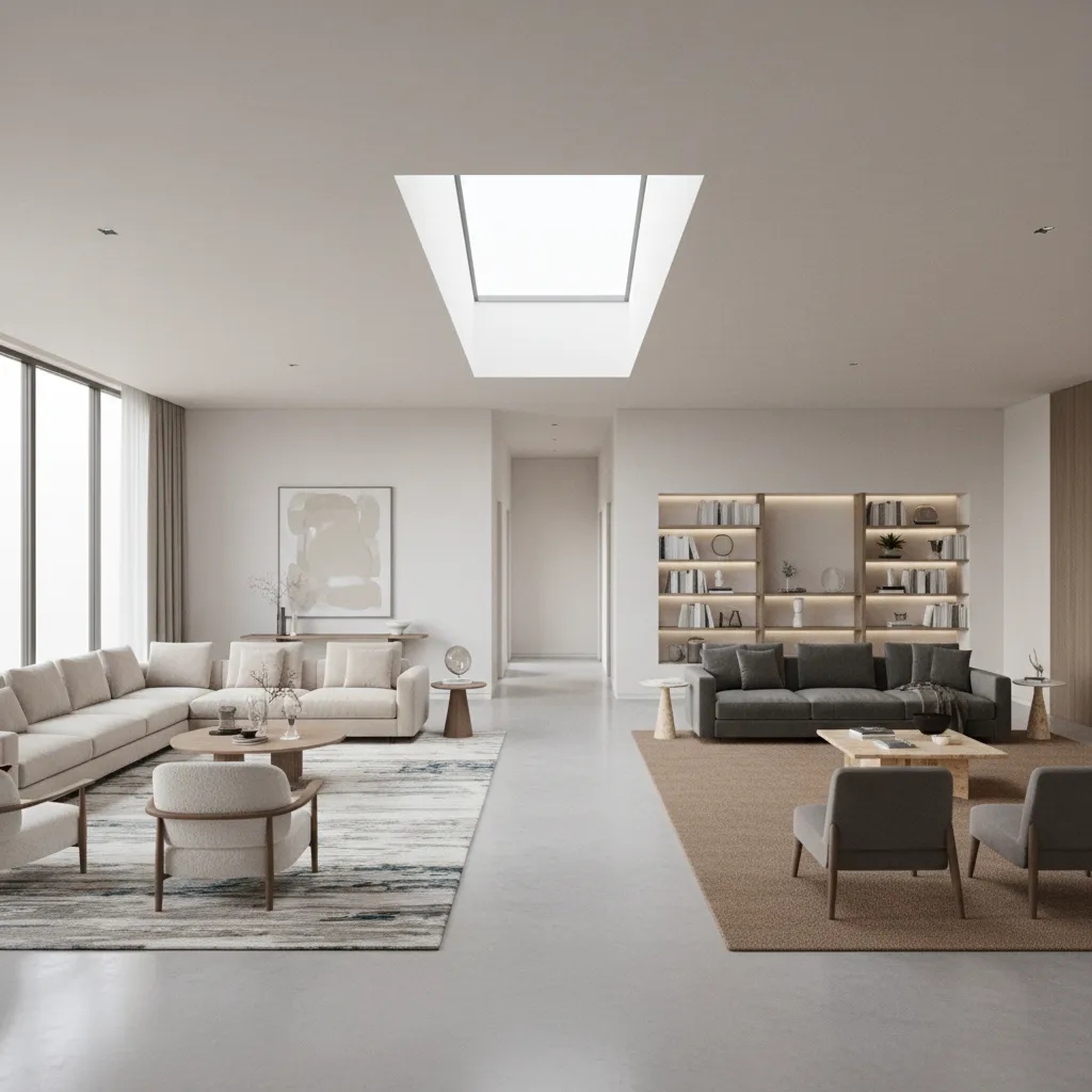 large living room with multiple rugs defining seating areas and clear walking paths