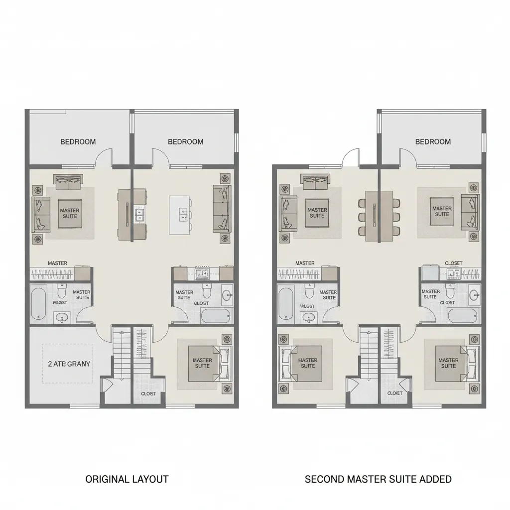 floor plan comparison showing reduced living space when adding a second master suite