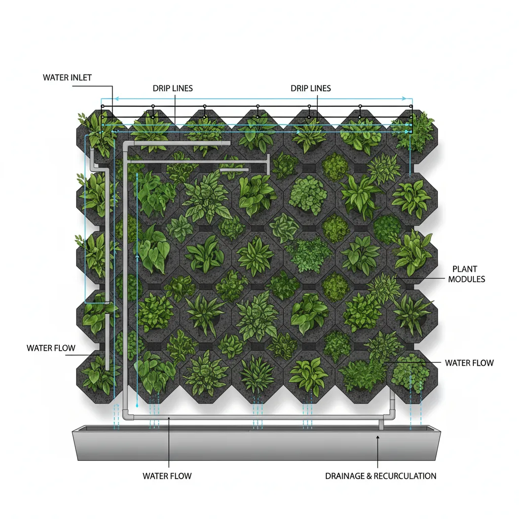 Indoor green wall irrigation layout showing drip lines and water flow